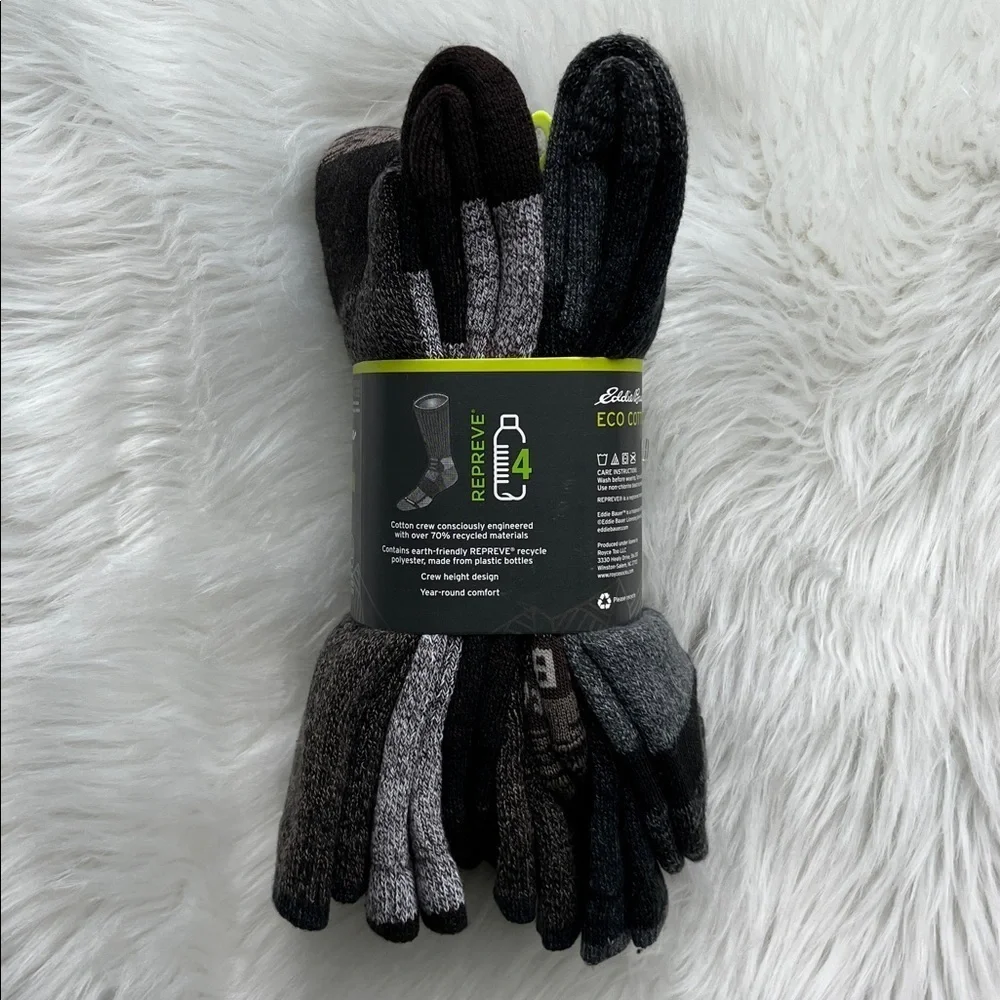 🆕 Eddie Bauer ECO Cotton Crew Socks 4 Pair Pack Men’s 6-12 Shoe Size